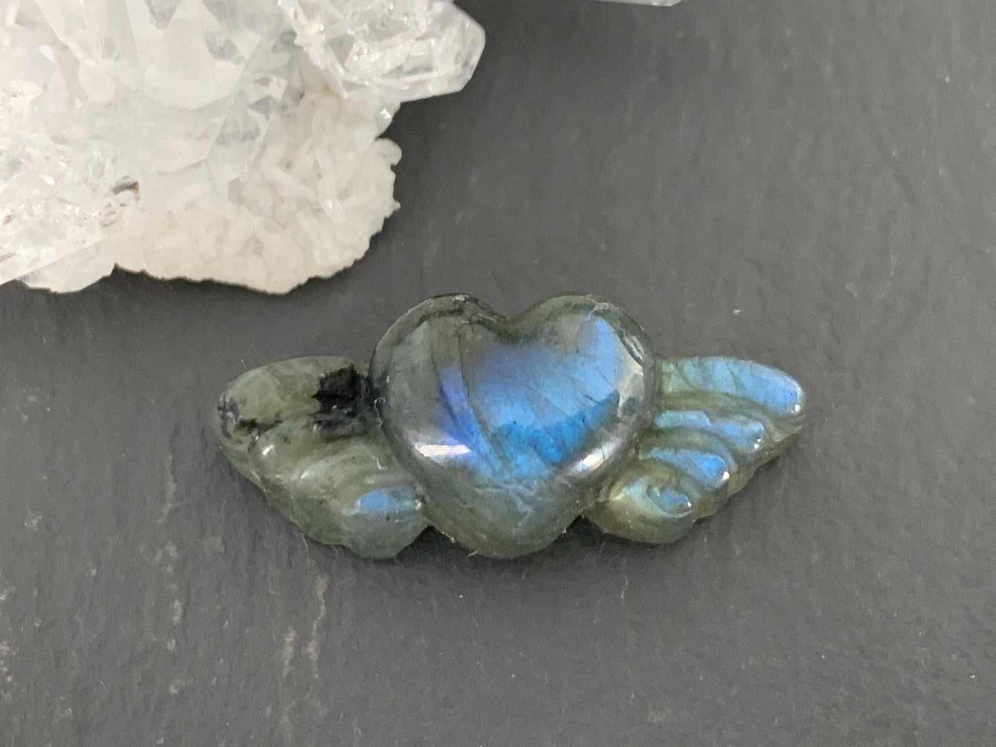Labradorite Heart with Wings 25x10mm. Hand Carved Gemstone