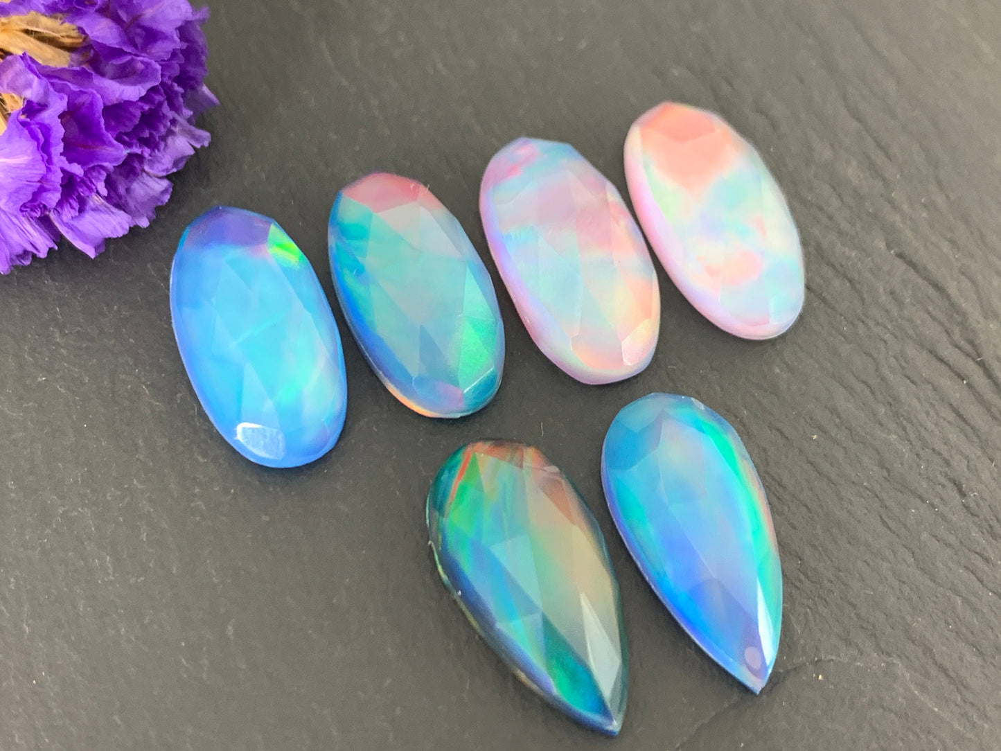 Faceted Aurora Opal oval, pear 10x20mm cabochon - Doublet cabochons