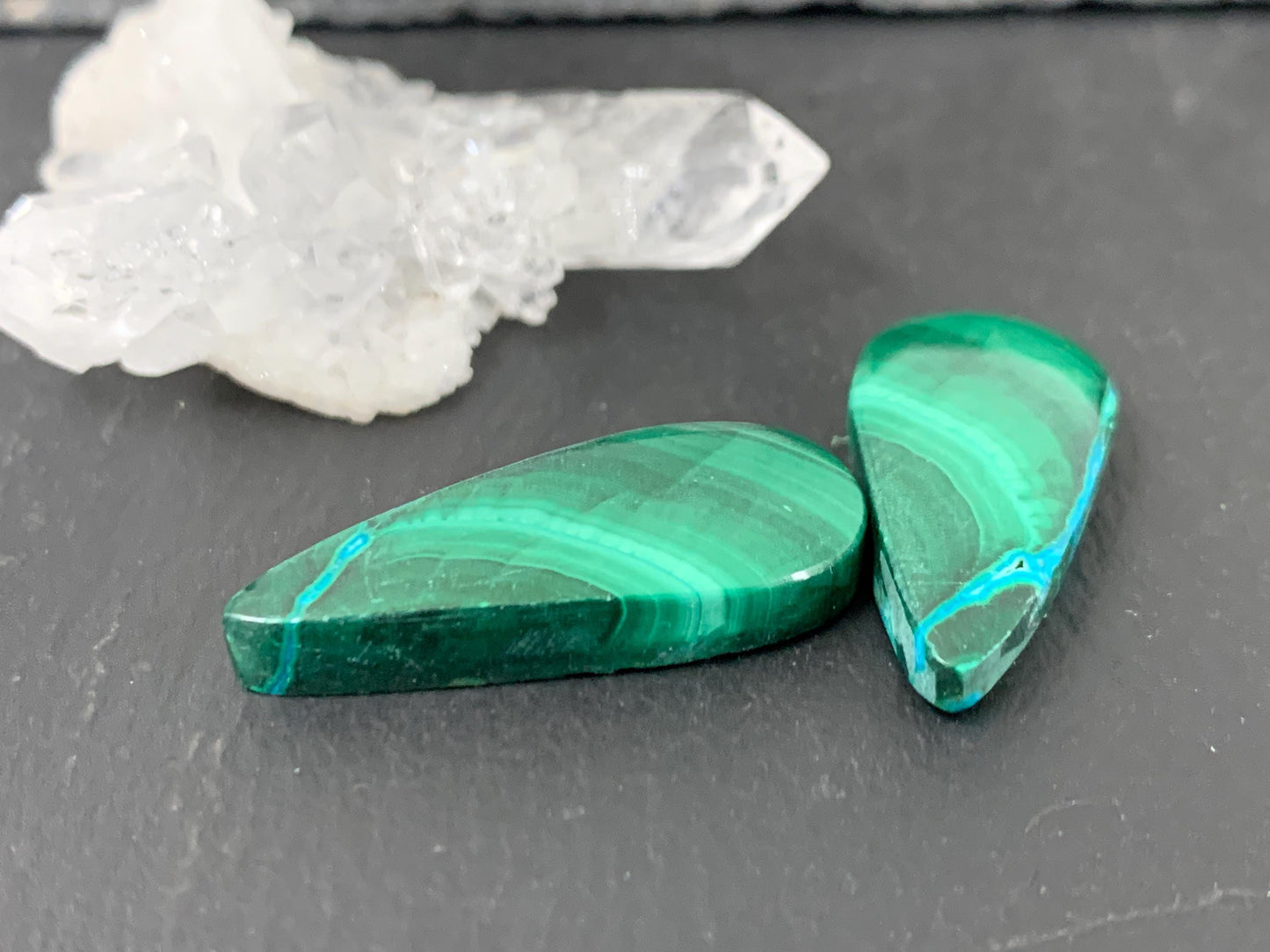 Malachite Chrysocolla pear 12x29x4.5mm cabochon pair