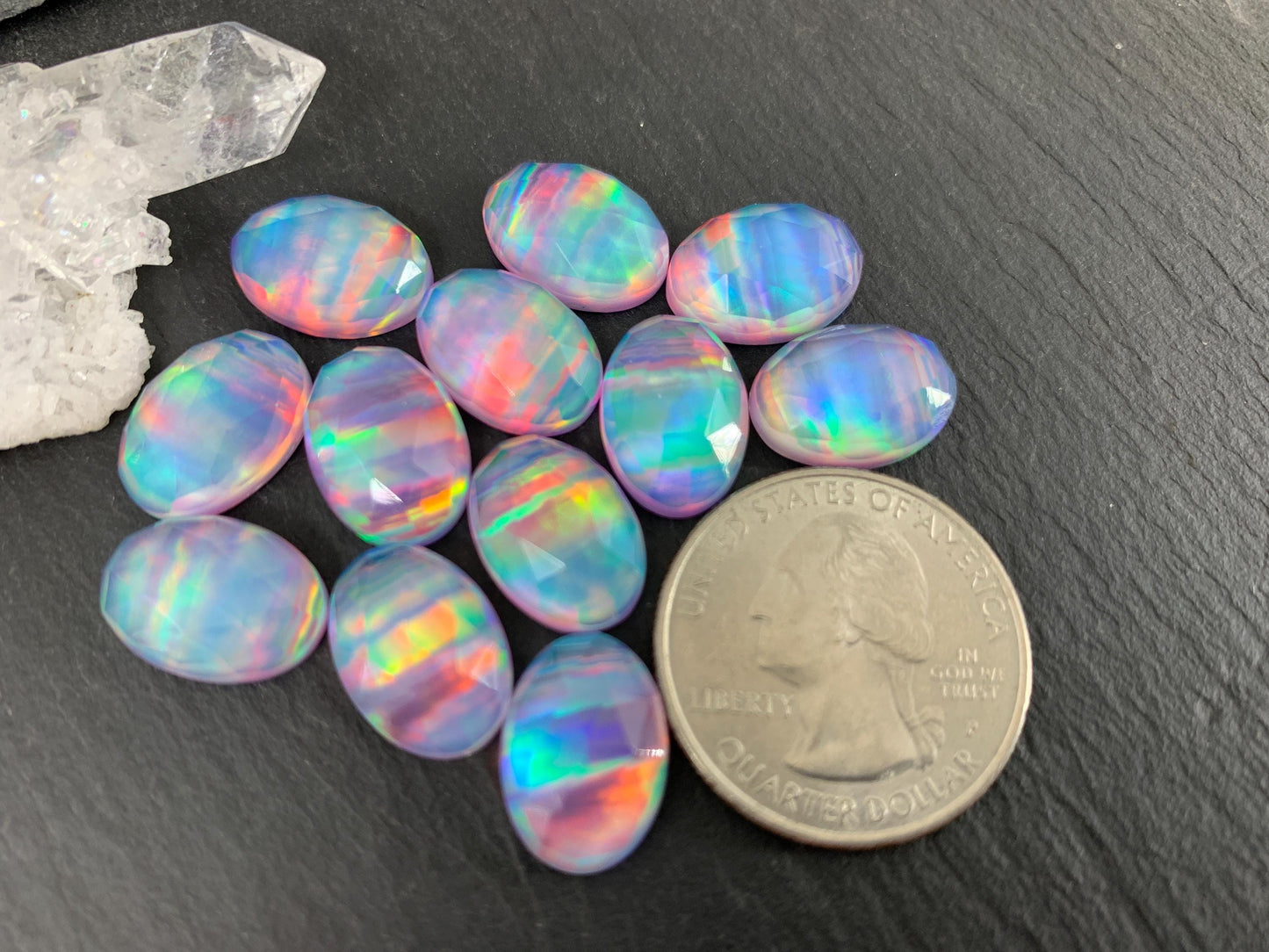 Faceted Aurora Opal oval 10x14mm cabochons - Doublet cabochons