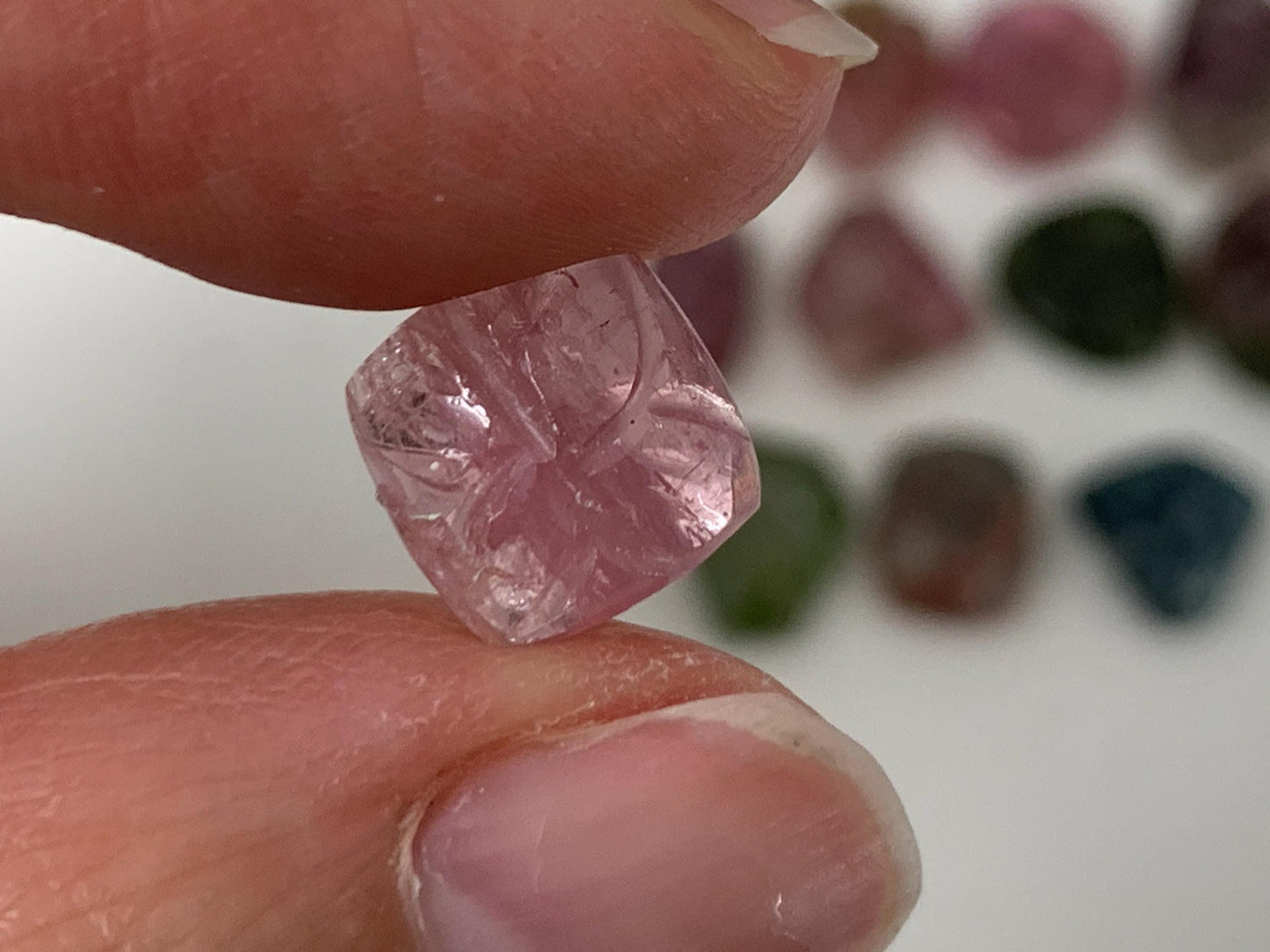 Discounted damaged carved Watermelon Tourmaline 9-15mm long cabochon