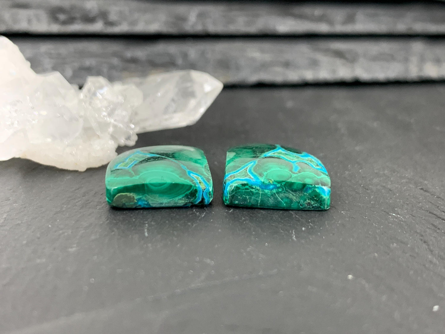 Malachite Chrysocolla free form 14x17x5mm cabochon pair
