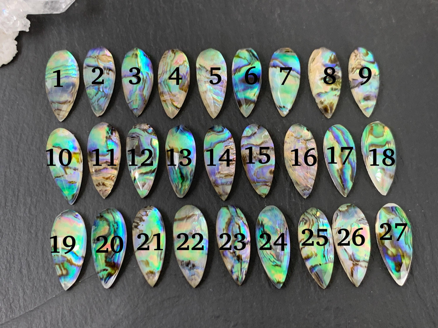 Faceted Abalone pear 8x20mm doublet cabochon