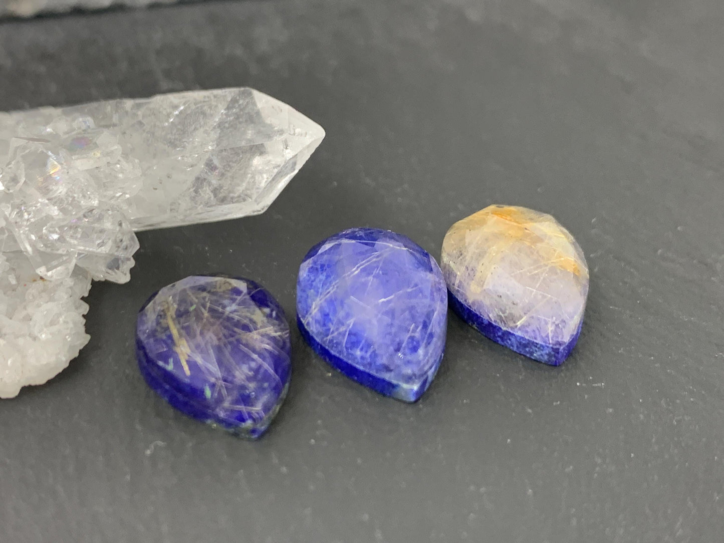 Faceted Gold Rutilated Quartz Lapis Lazuli pear 10x14mm cabochon - Doublem cabochons
