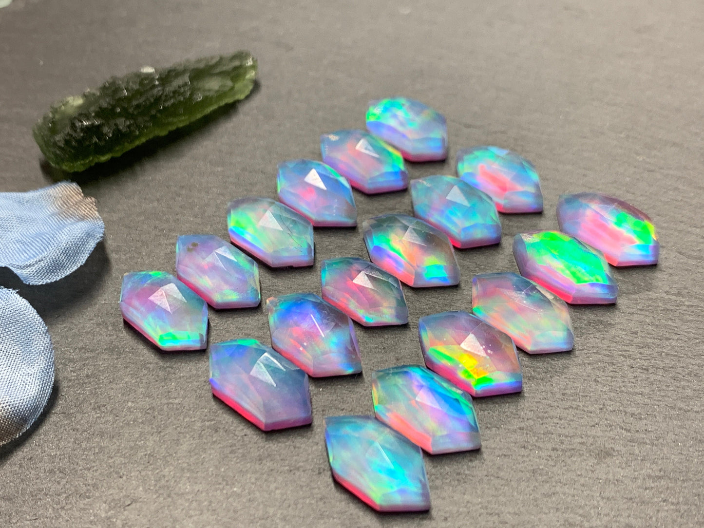 Faceted Aurora Opal long hexagon 8x16m cabochon - Doublet cabochons
