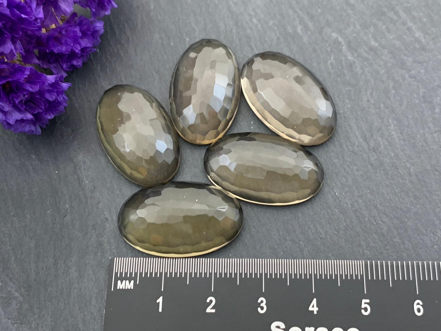 Faceted Smokey Quartz oval 16x26mm Cabochon - Calibrated cabochons