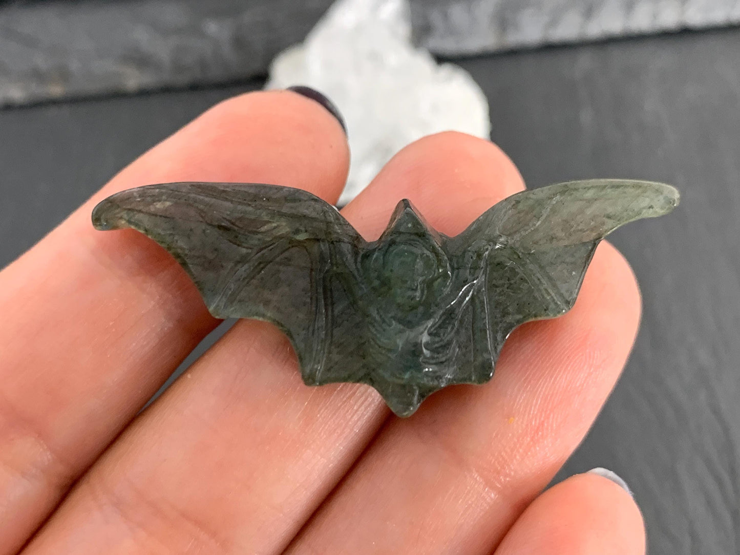 Labradorite skeleton bat 19x48mm flat back carving