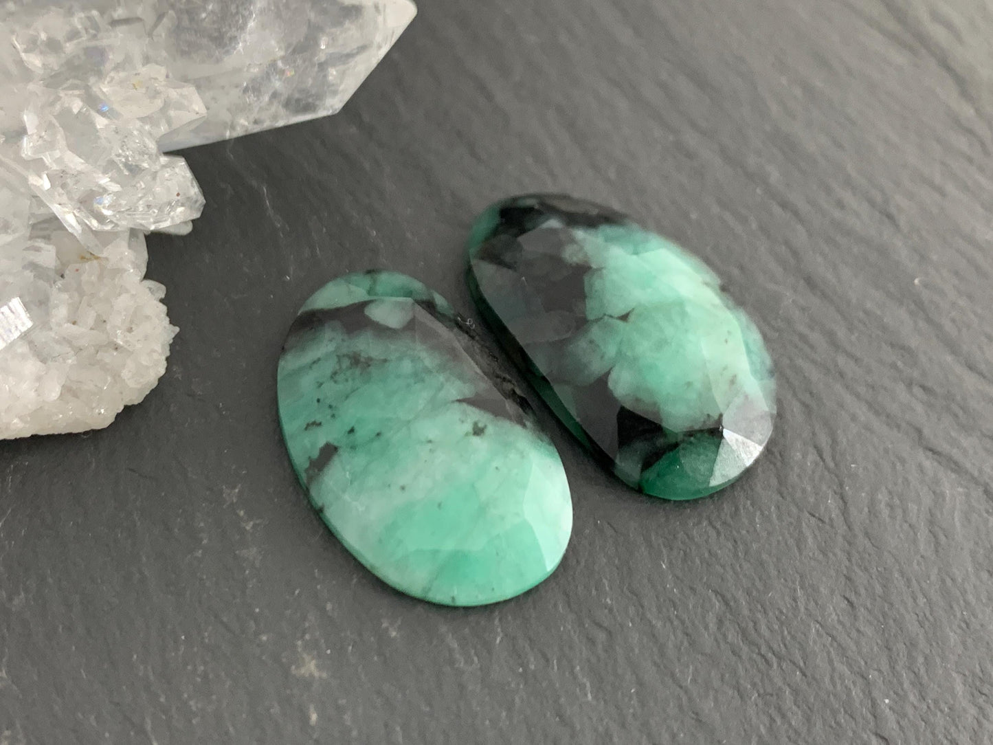 Faceted Emerald Pair 12x20x3mm cabochon