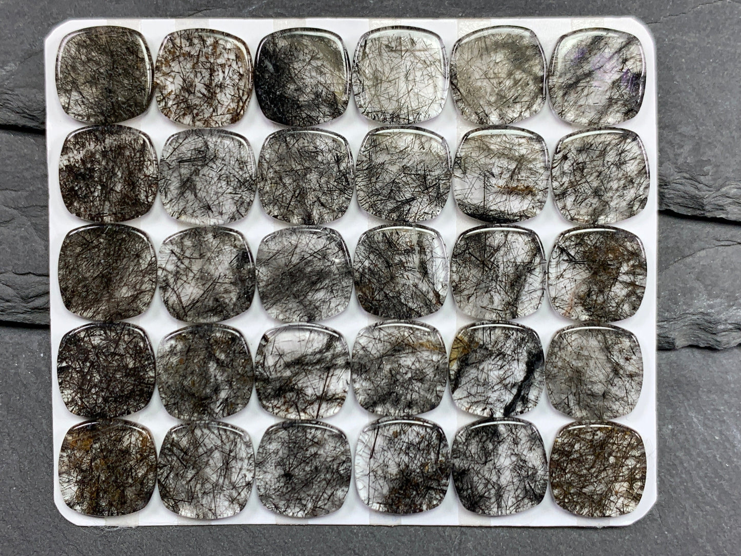 Flat Black Rutilated Quartz square cushion 12mm cabochon - calibrated cabochons