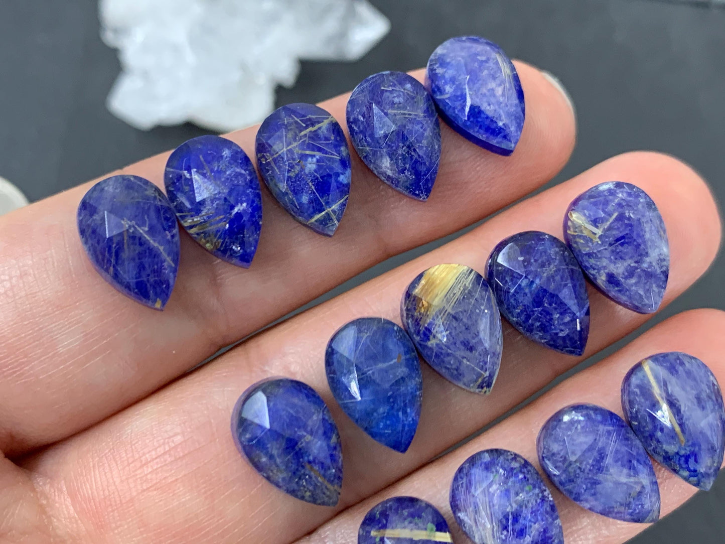 Faceted Gold Rutilated Quartz & Lapis Lazuli pear 8x12mm cabochon - Doublet cabochons