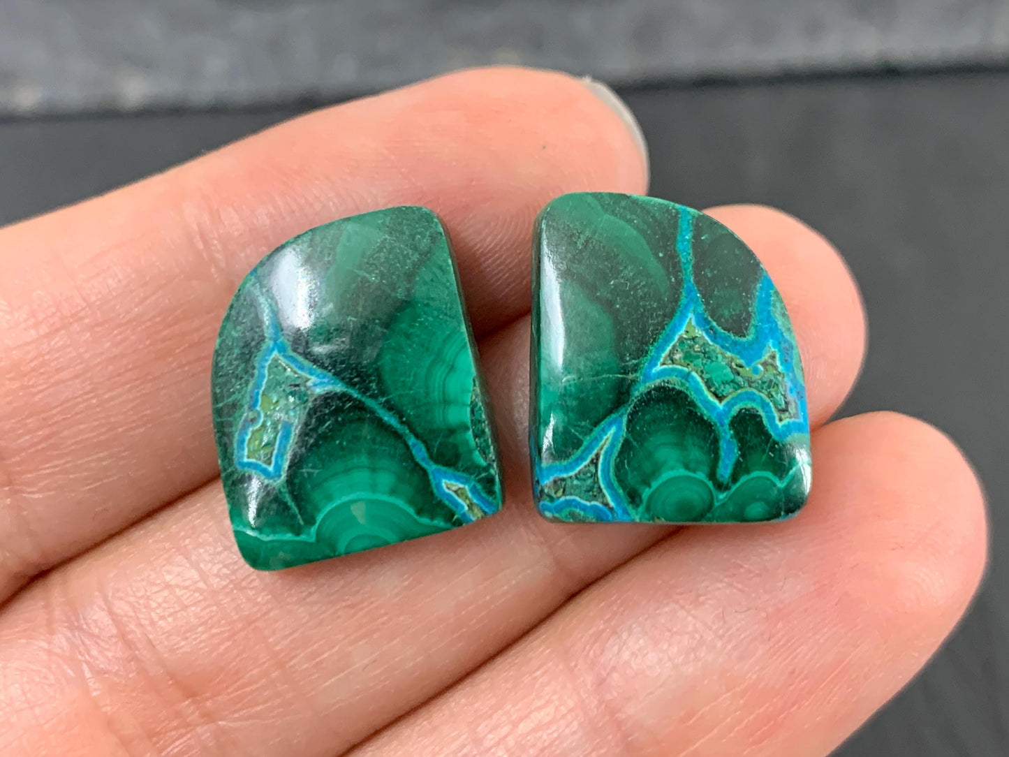 Malachite Chrysocolla free form 14x17x5mm cabochon pair