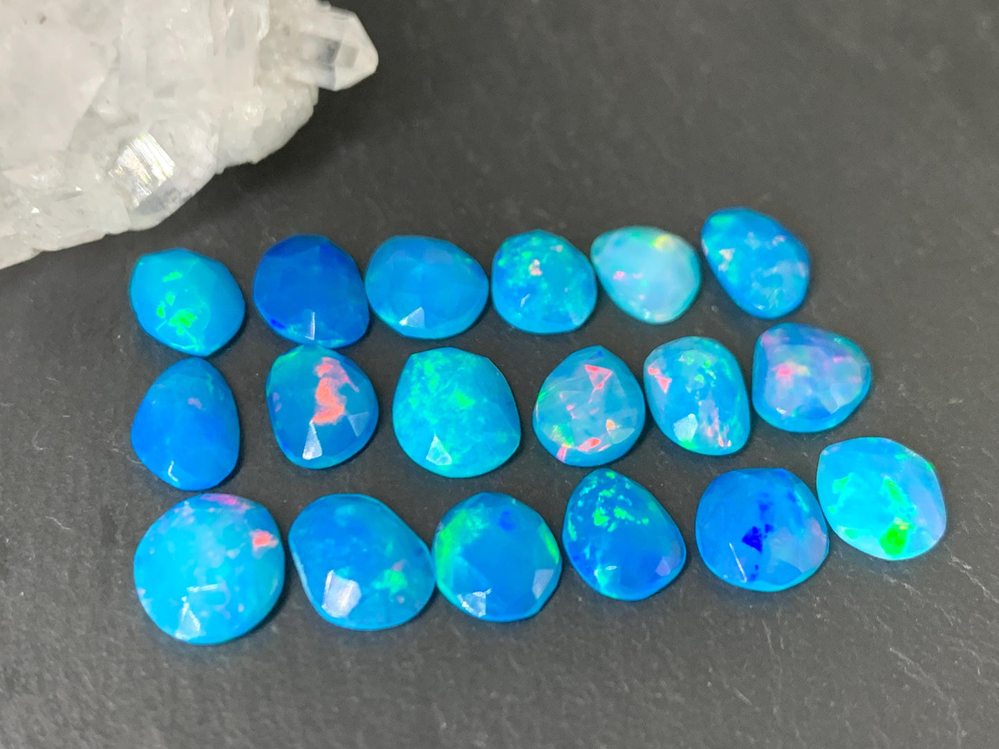 Faceted Blue Ethiopian Opal 8-9mm long cabochon