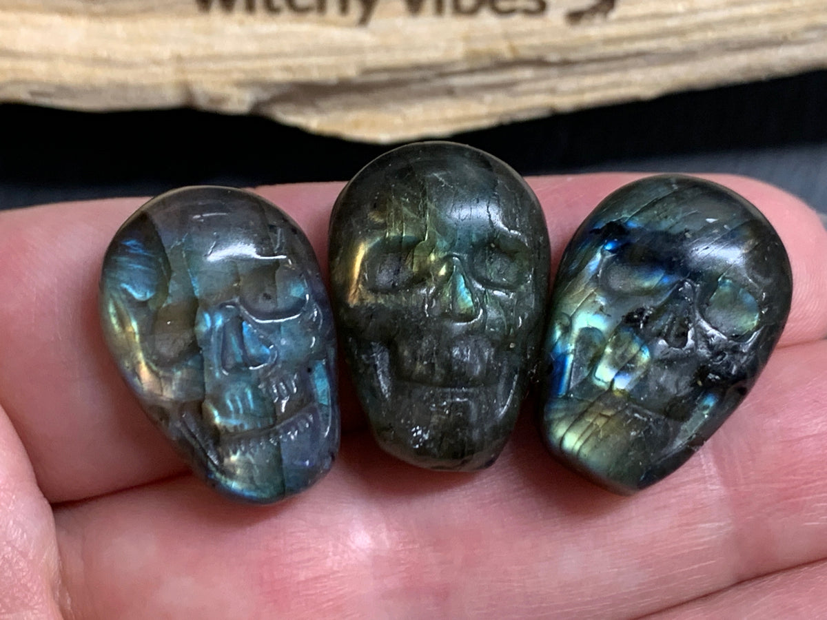 Labradorite Skull Carving 22mm long Skull, Gothic Crystal Decor, Witchy Jewelry