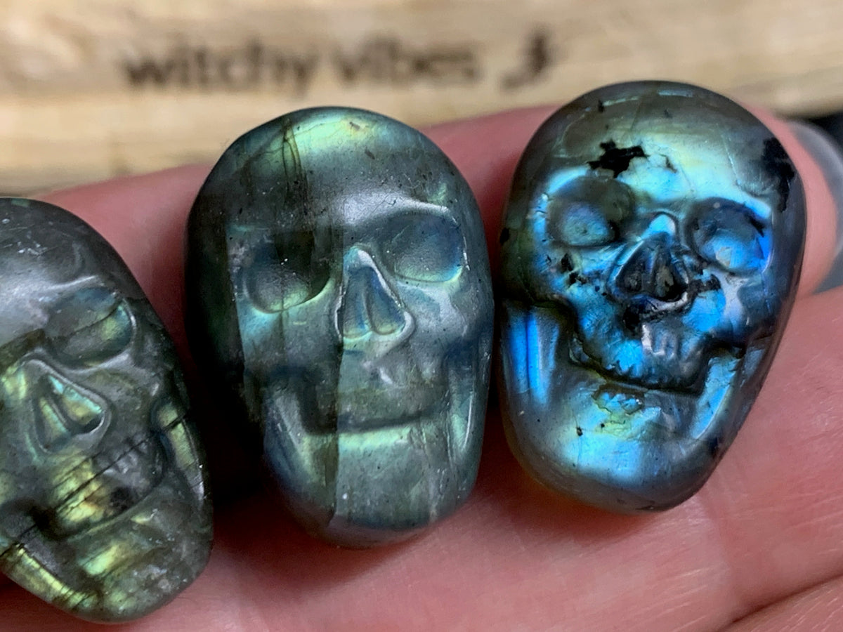 Labradorite Skull Carving 22mm long Blue-Green Flash Crystal Skull, Gothic Crystal Decor, Witchy Jewelry