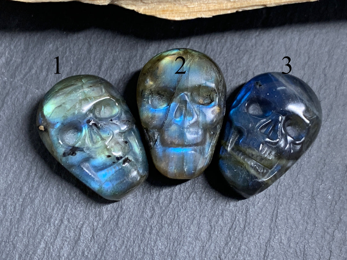 Labradorite Skull Carving 22mm long Blue-Green Flash Crystal Skull, Gothic Crystal Decor, Witchy Jewelry