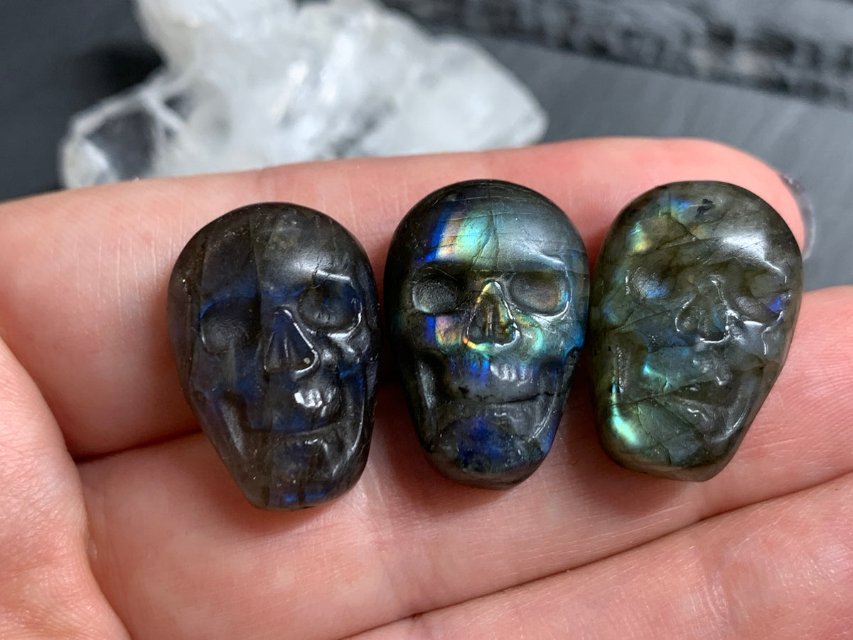 Labradorite Skull Carving 22mm long Blue - Green Flash Crystal Skull, Witchy Jewelry