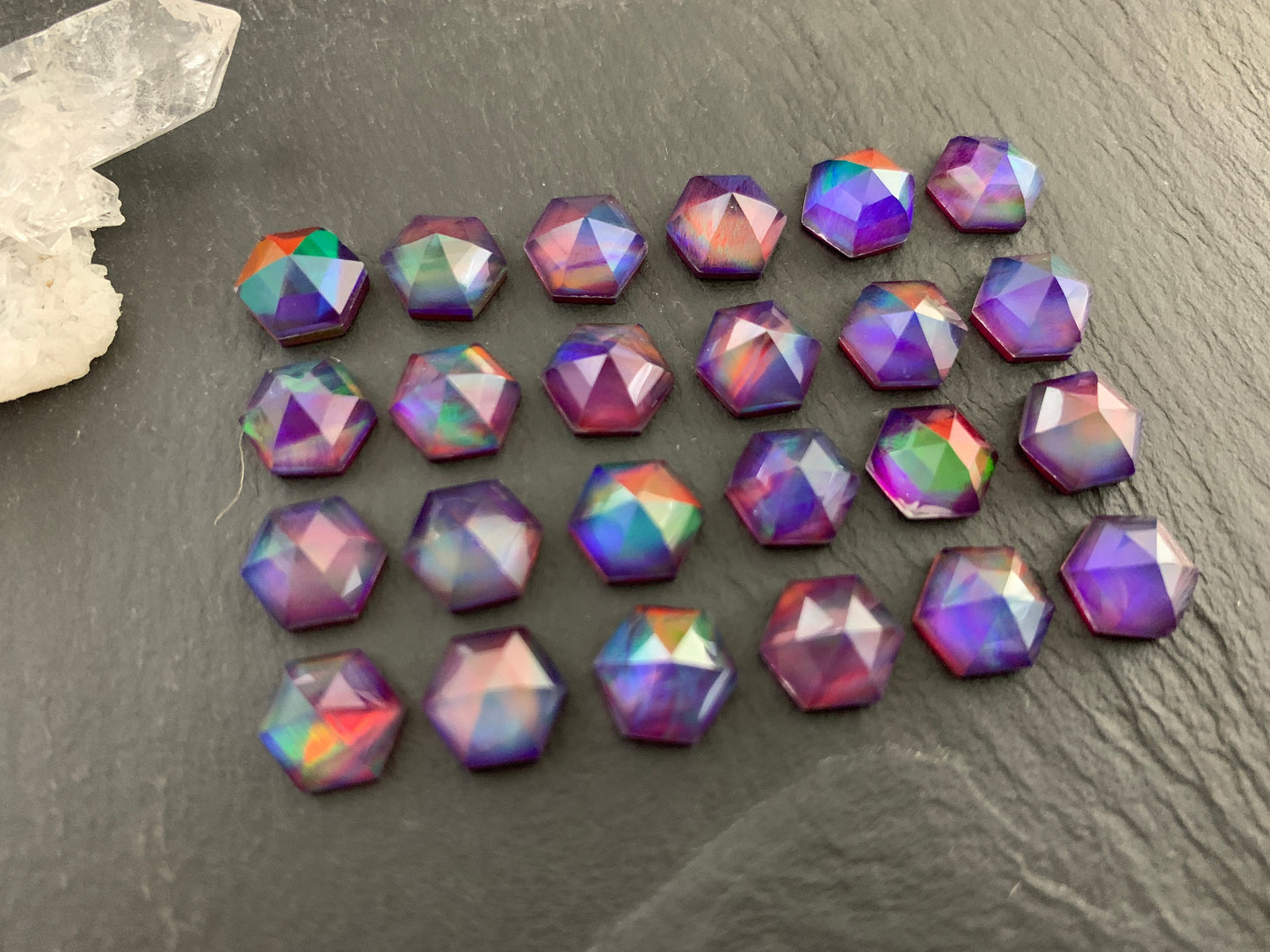 Faceted Aurora Opal hexagon 8mm cabochon - Doublet cabochons