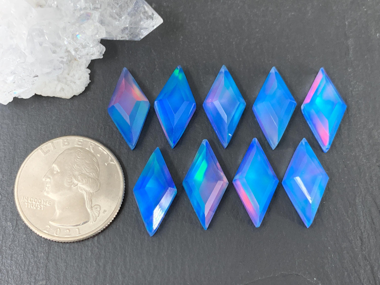 Faceted Aurora Opal rhombus 10x20mm cabochon - Doublet cabochons