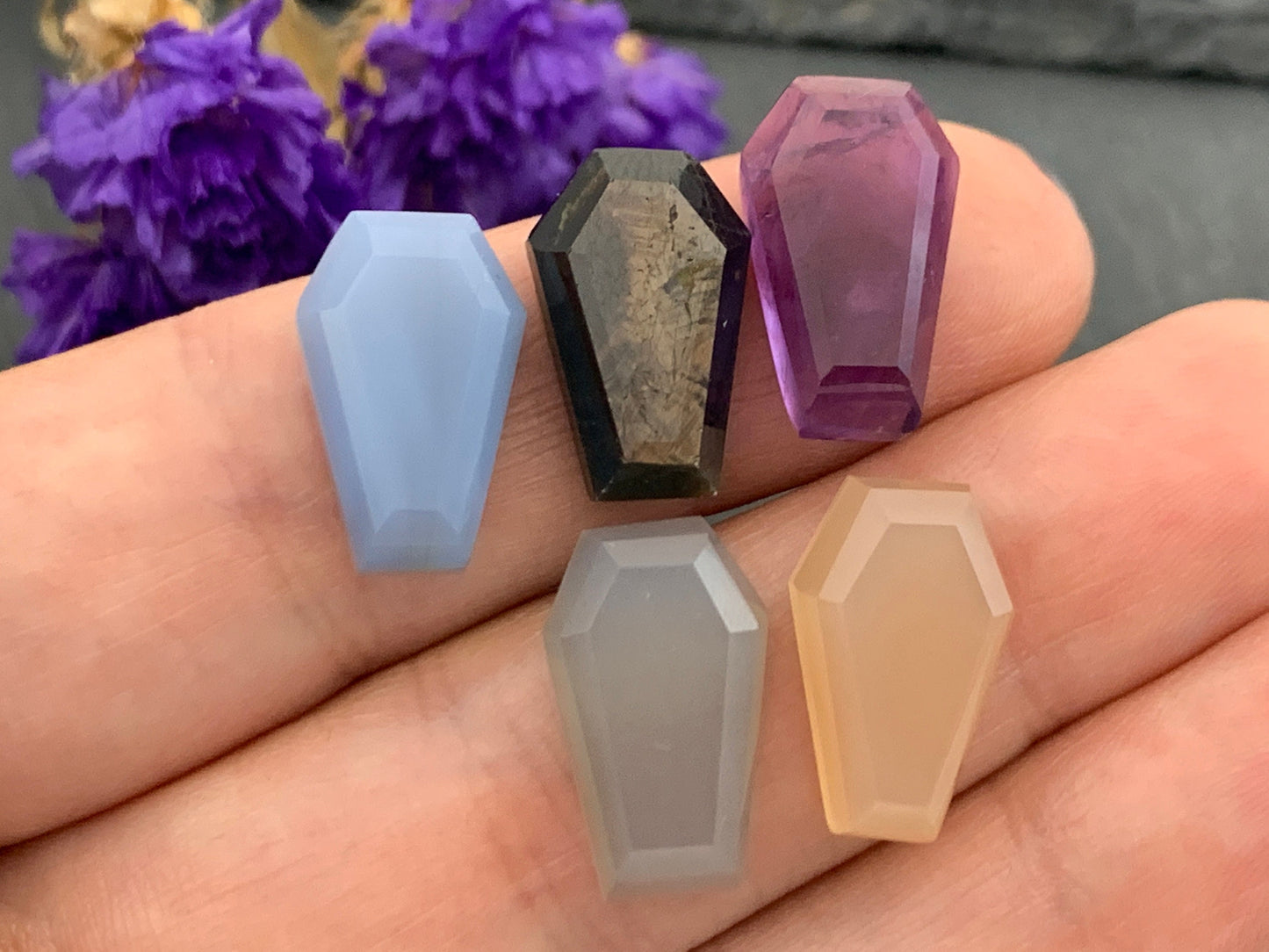 Faceted coffin 10x16mm cabochon- Blue Opal, Star Sapphire, Amethyst, Grey Moonstone, Peach Moonstone
