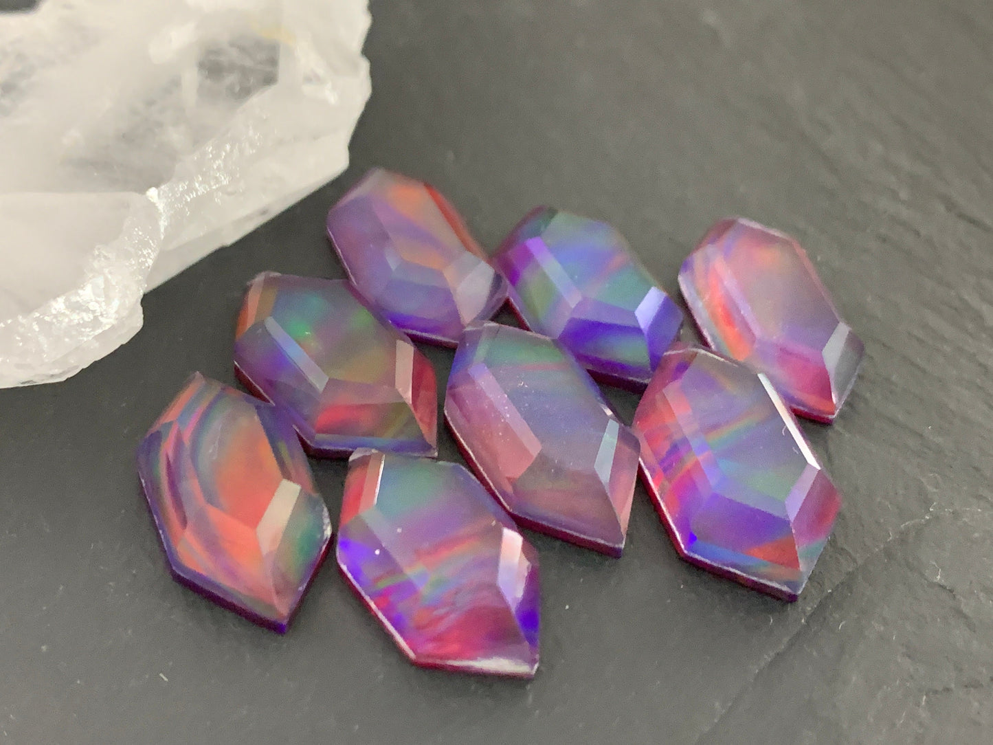 Faceted Aurora Opal long hexagon 10x20mm cabochon - Doublet cabochons