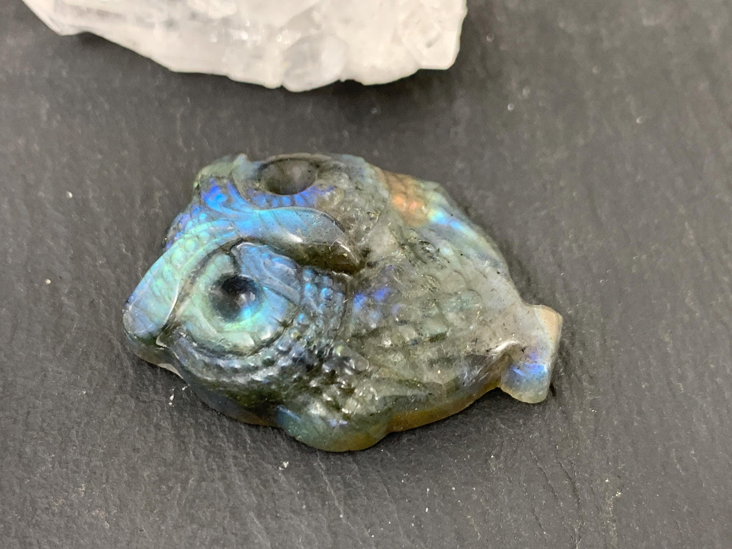 Labradorite Owl Carving - 27x35mm Natural Stone Flat Back Gem
