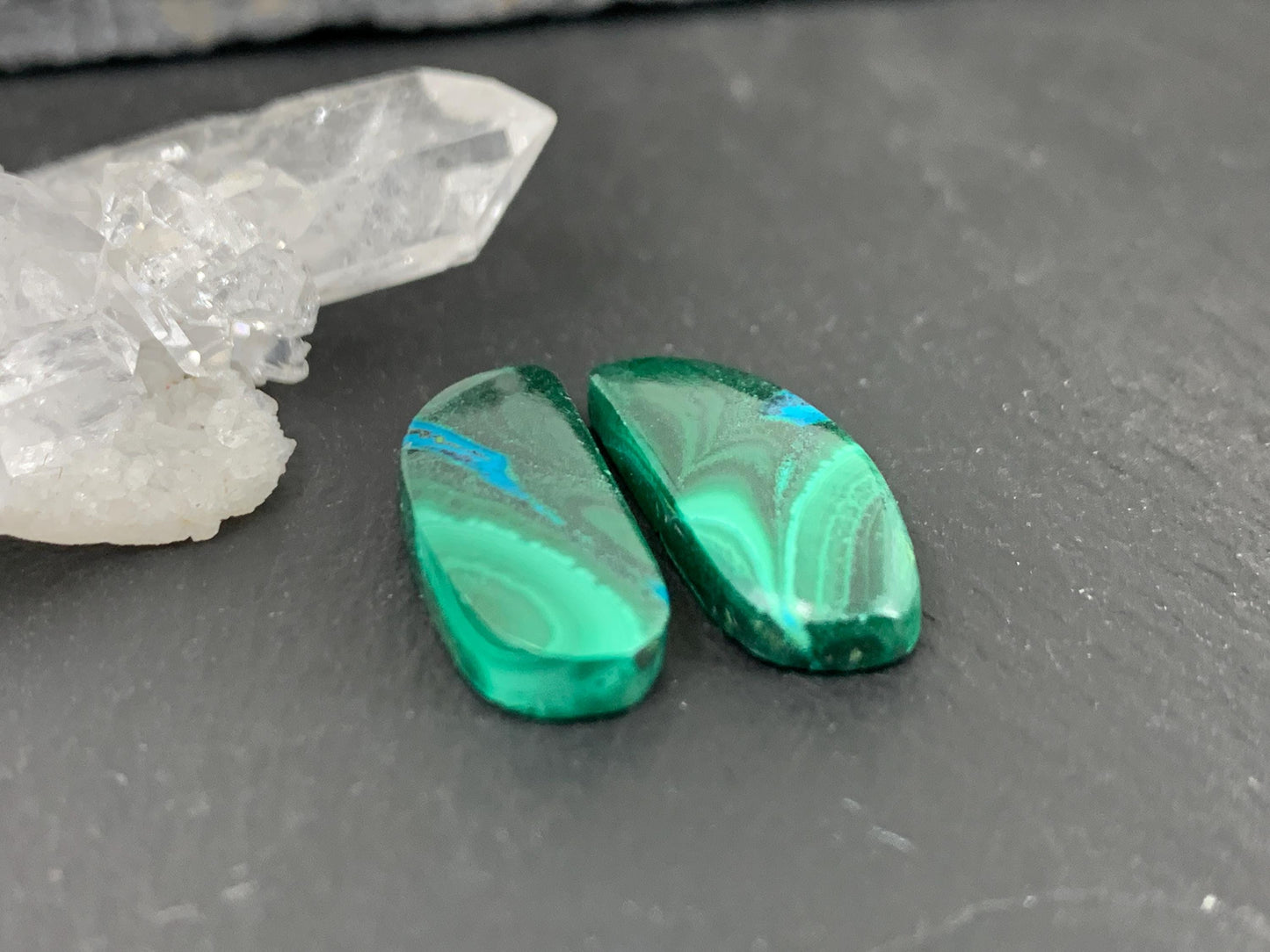 Malachite Chrysocolla free form 8x22x3mm cabochon pair