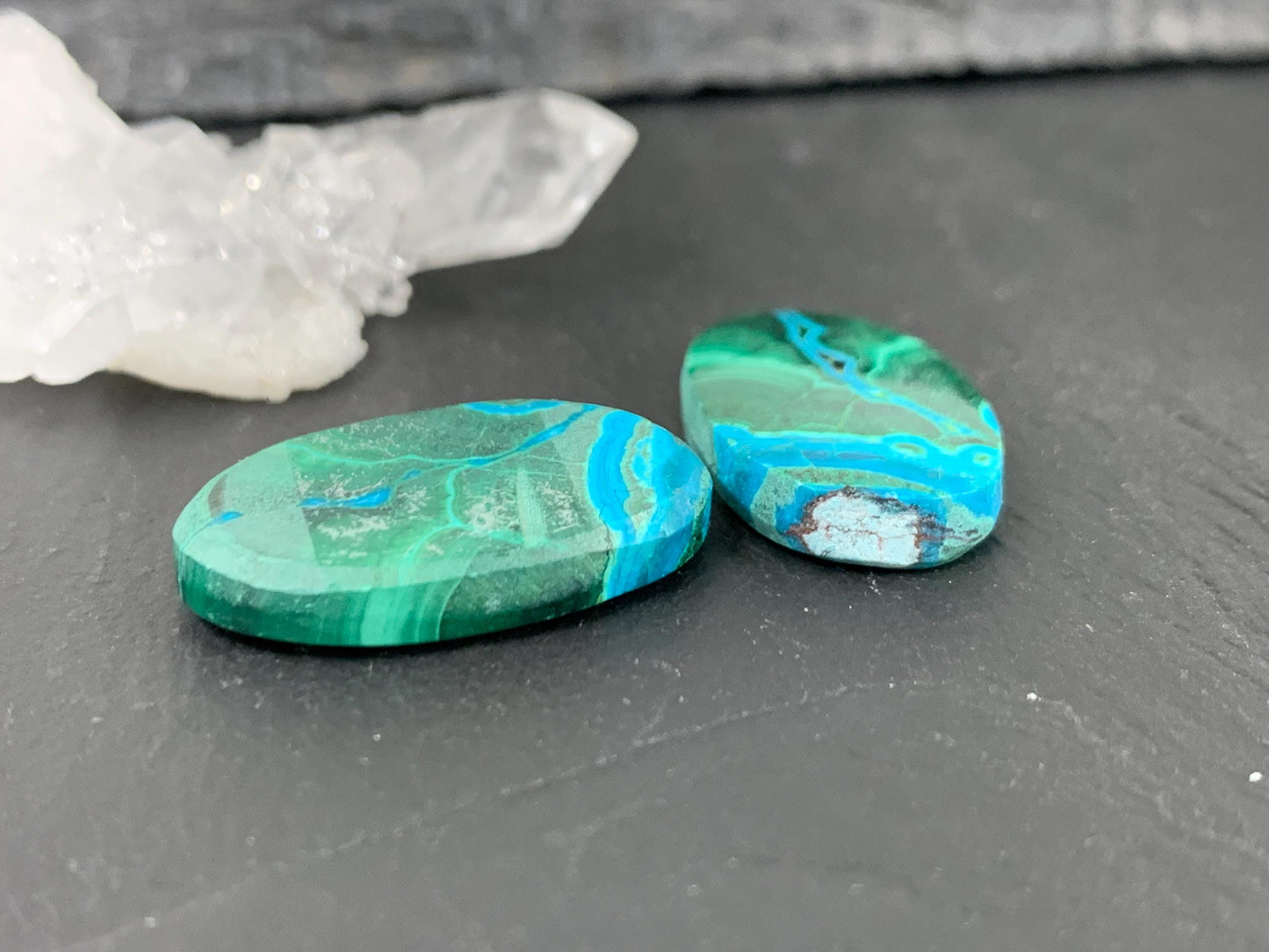 Malachite Chrysocolla oval 14x23x4.5mm cabochon pair