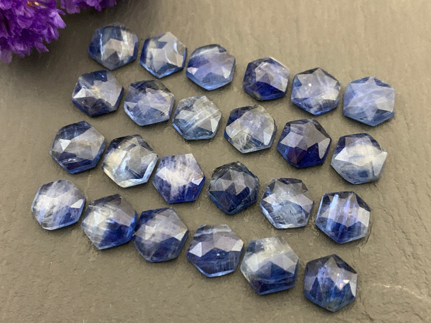 Faceted Kyanite Hexagon 8mm Cabochon - Natural Blue Gemstone Cut