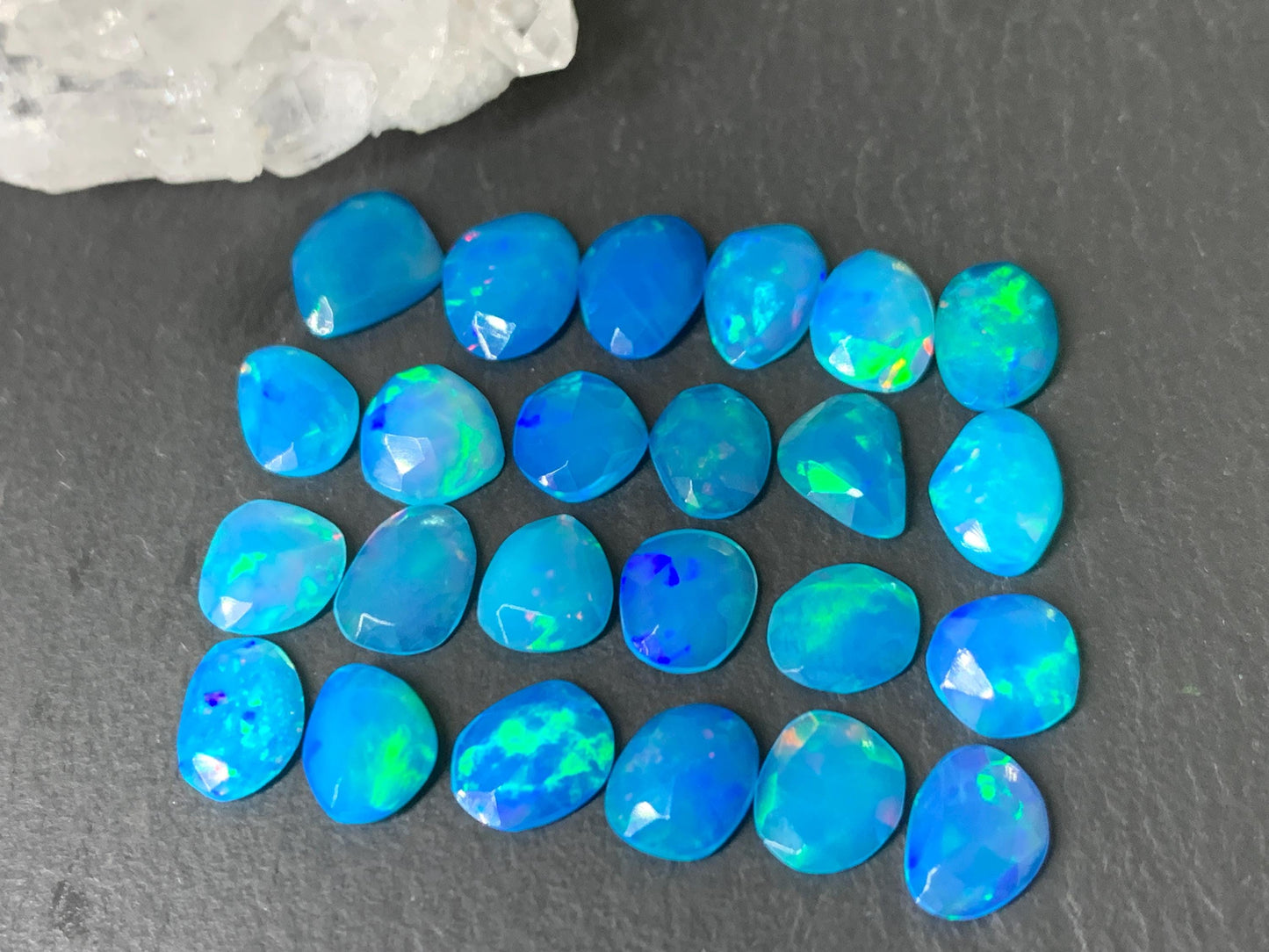 Faceted Blue Ethiopian Opal 7-9mm long cabochon