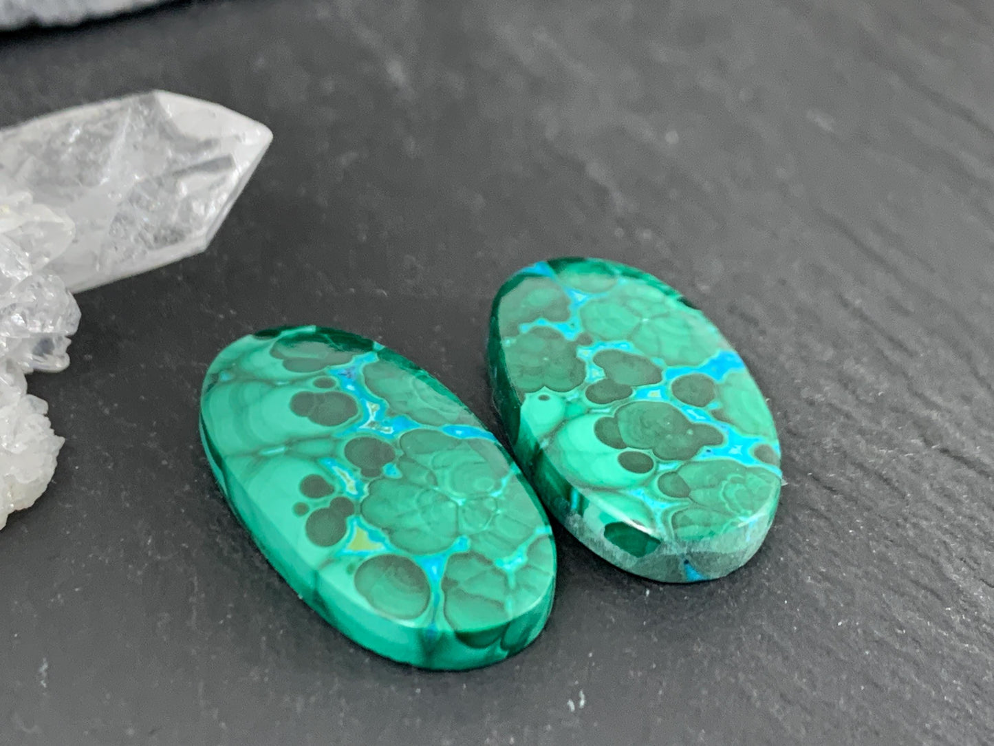Malachite Chrysocolla oval 13x24x4mm cabochon pair