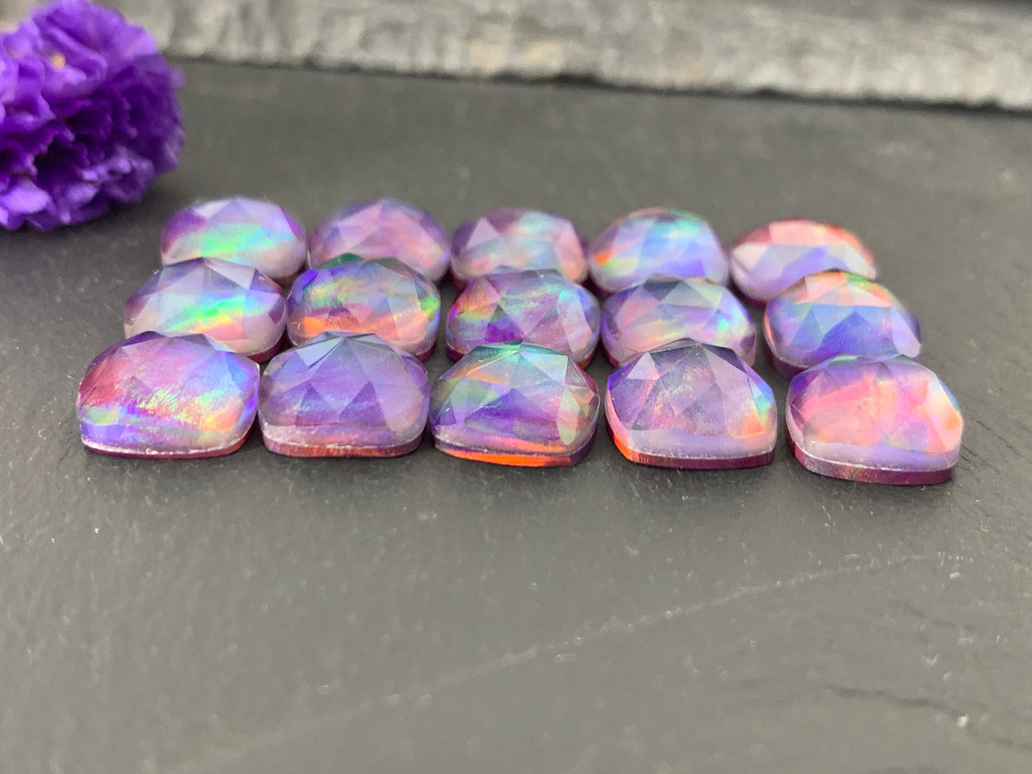 Faceted Aurora Opal square 10mm cabochon - Doublet cabochons