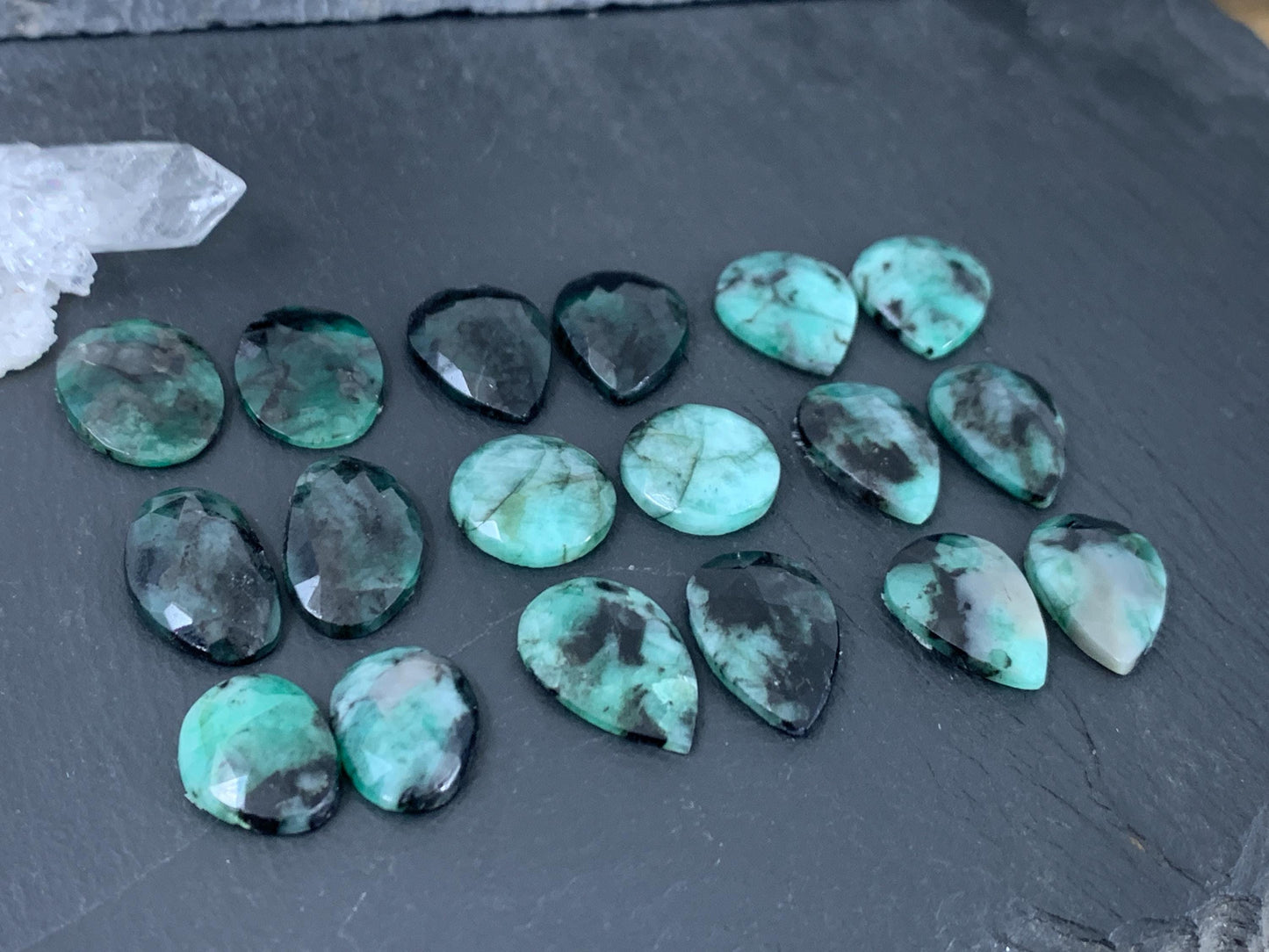 Faceted Emerald Pair 14-18mm long cabochons