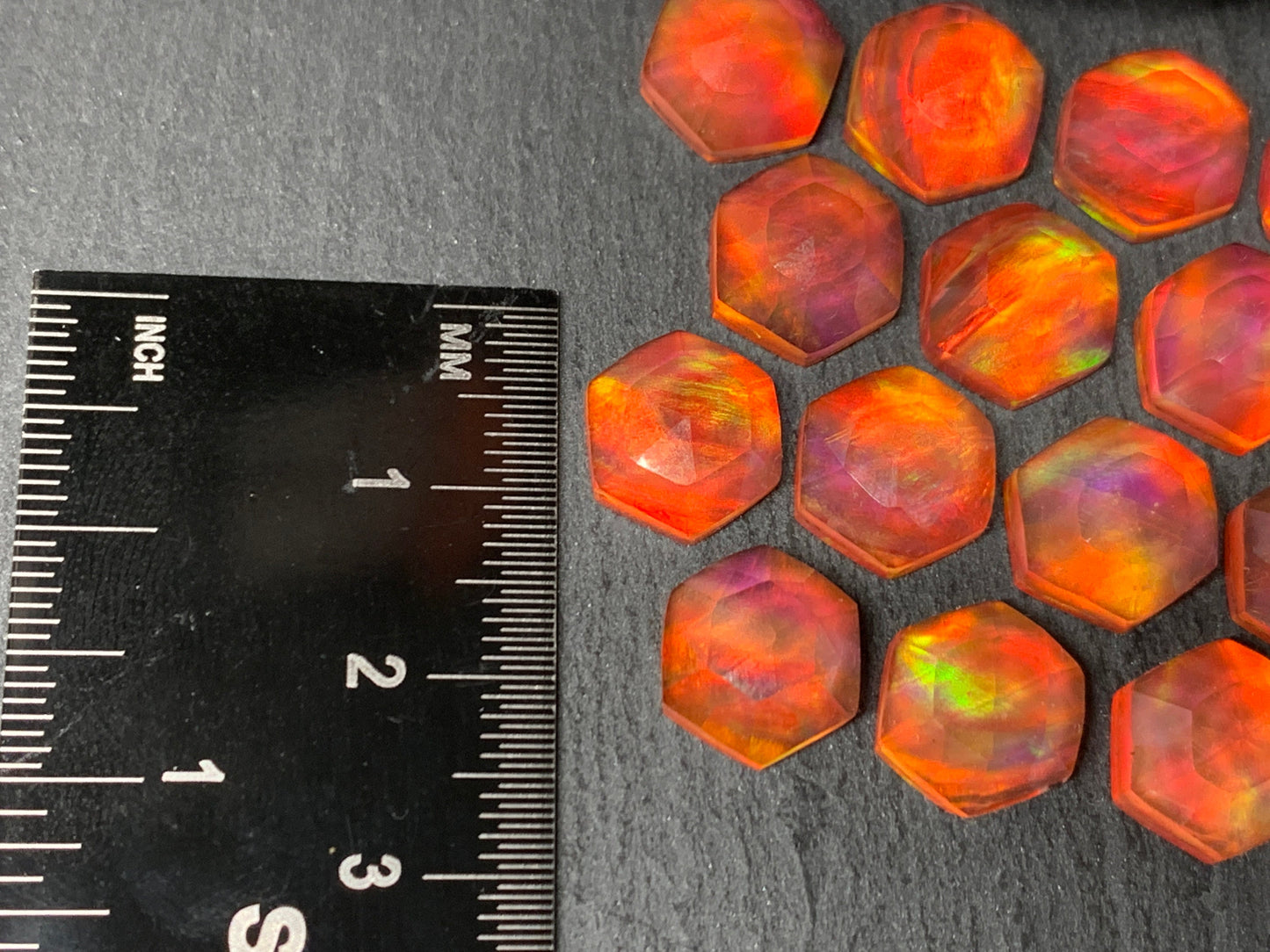 Faceted Orange Aurora Opal hexagon 10mm cabochon - Doublet cabochons
