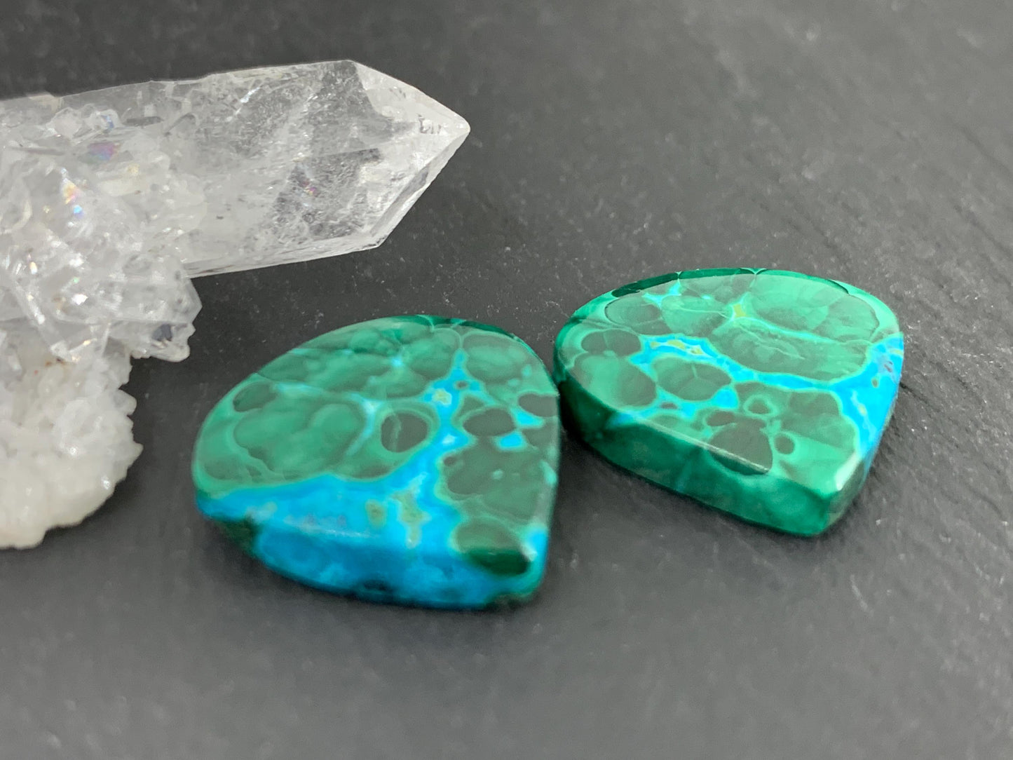 Malachite Chrysocolla pear 16x17x4mm cabochon pair