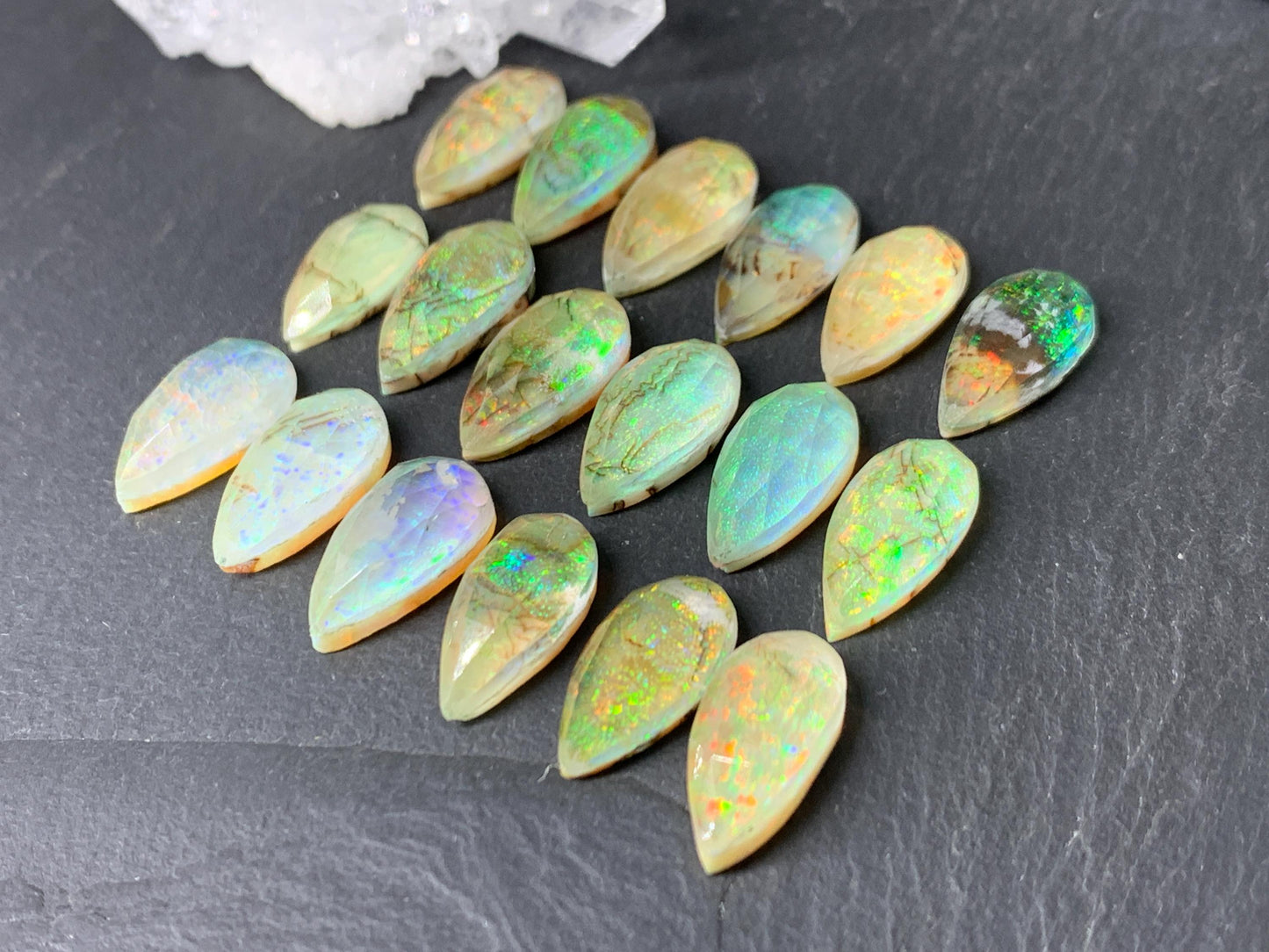 Faceted Monarch Opal pear 7x15mm doublet cabochons - Doublet cabochons