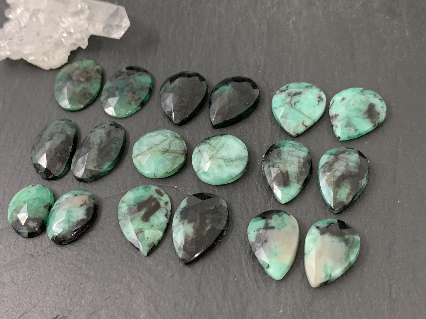 Faceted Emerald Pair 14-18mm long cabochons