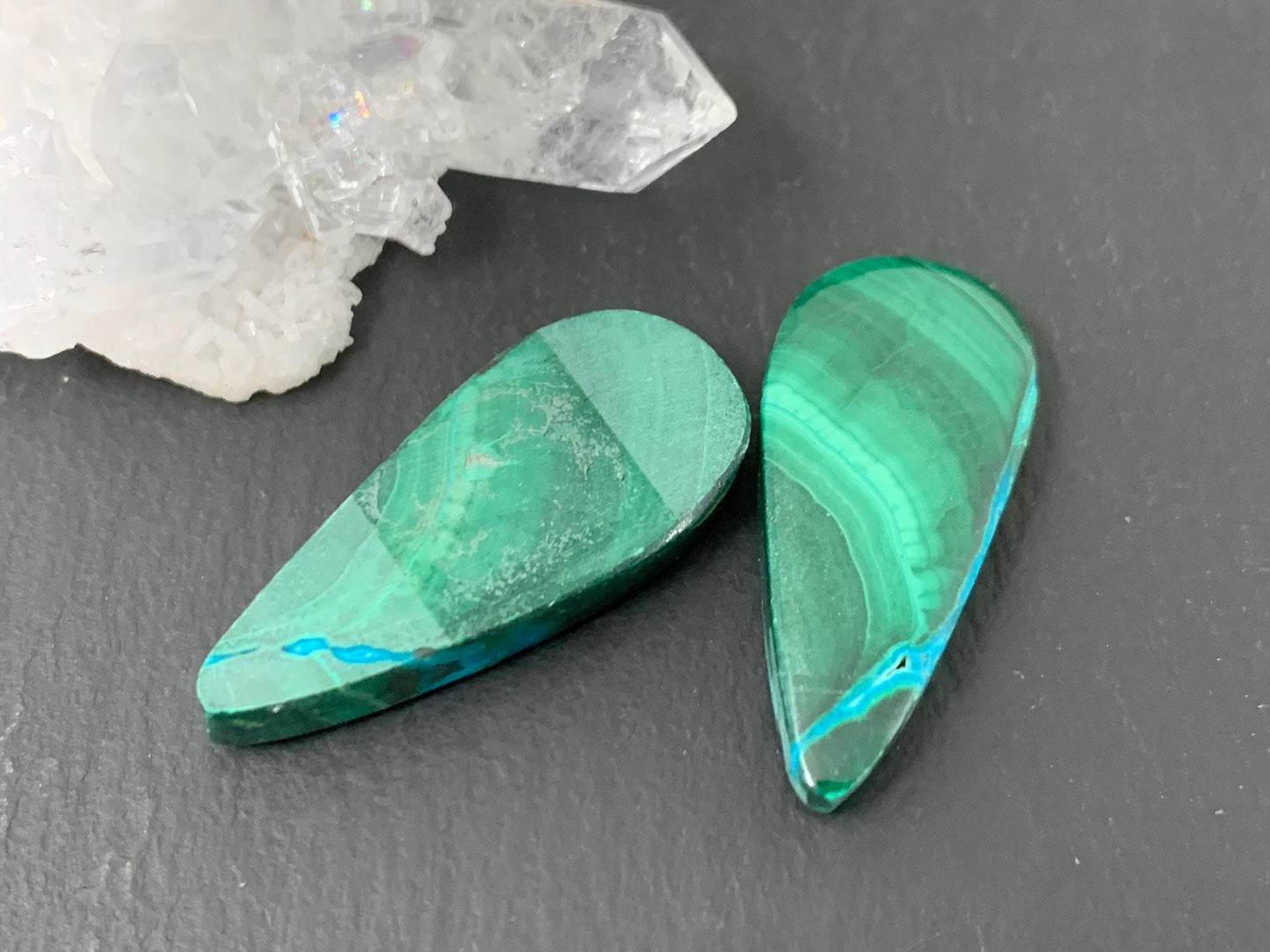 Malachite Chrysocolla pear 12x29x4.5mm cabochon pair