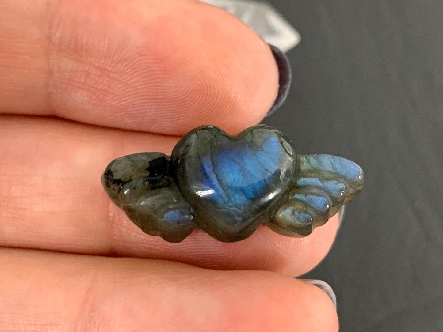 Labradorite Heart with Wings 25x10mm. Hand Carved Gemstone