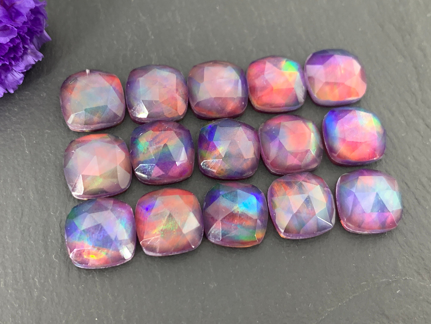 Faceted Aurora Opal square 10mm cabochon - Doublet cabochons