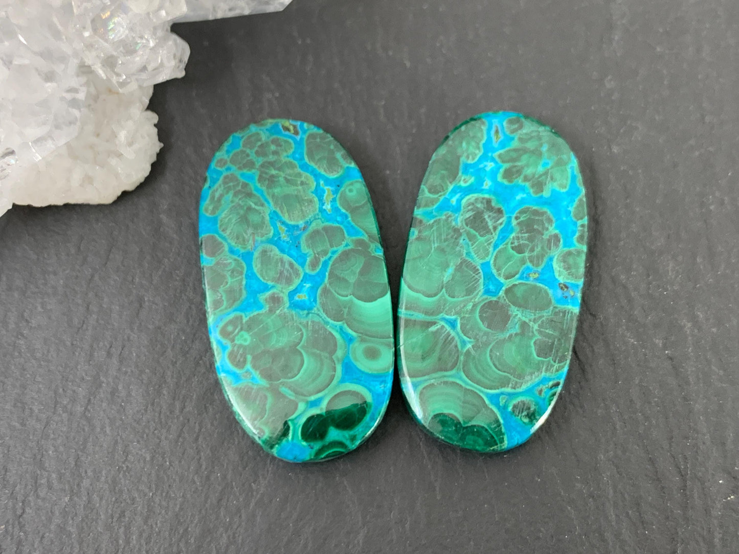 Malachite Chrysocolla oval 14x28x4mm cabochon pair
