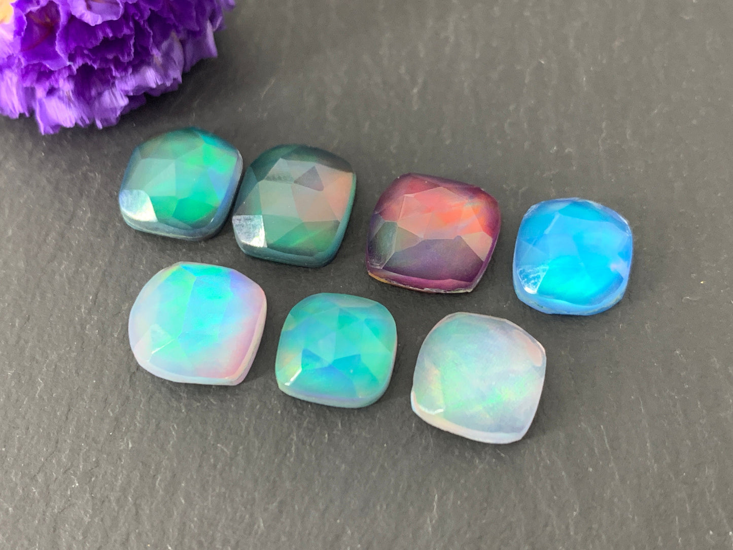 Faceted Aurora Opal square 8mm cabochon - Doublet cabochons