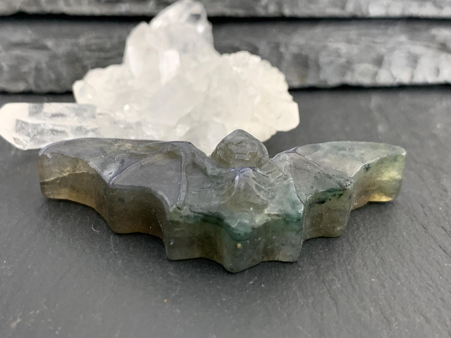 Labradorite skeleton bat 19x49mm flat back carving