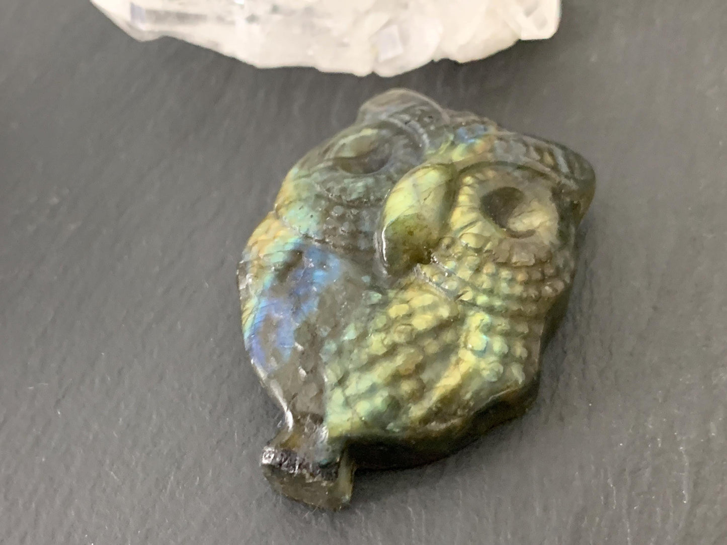 Labradorite owl 27x36mm cabochon carving