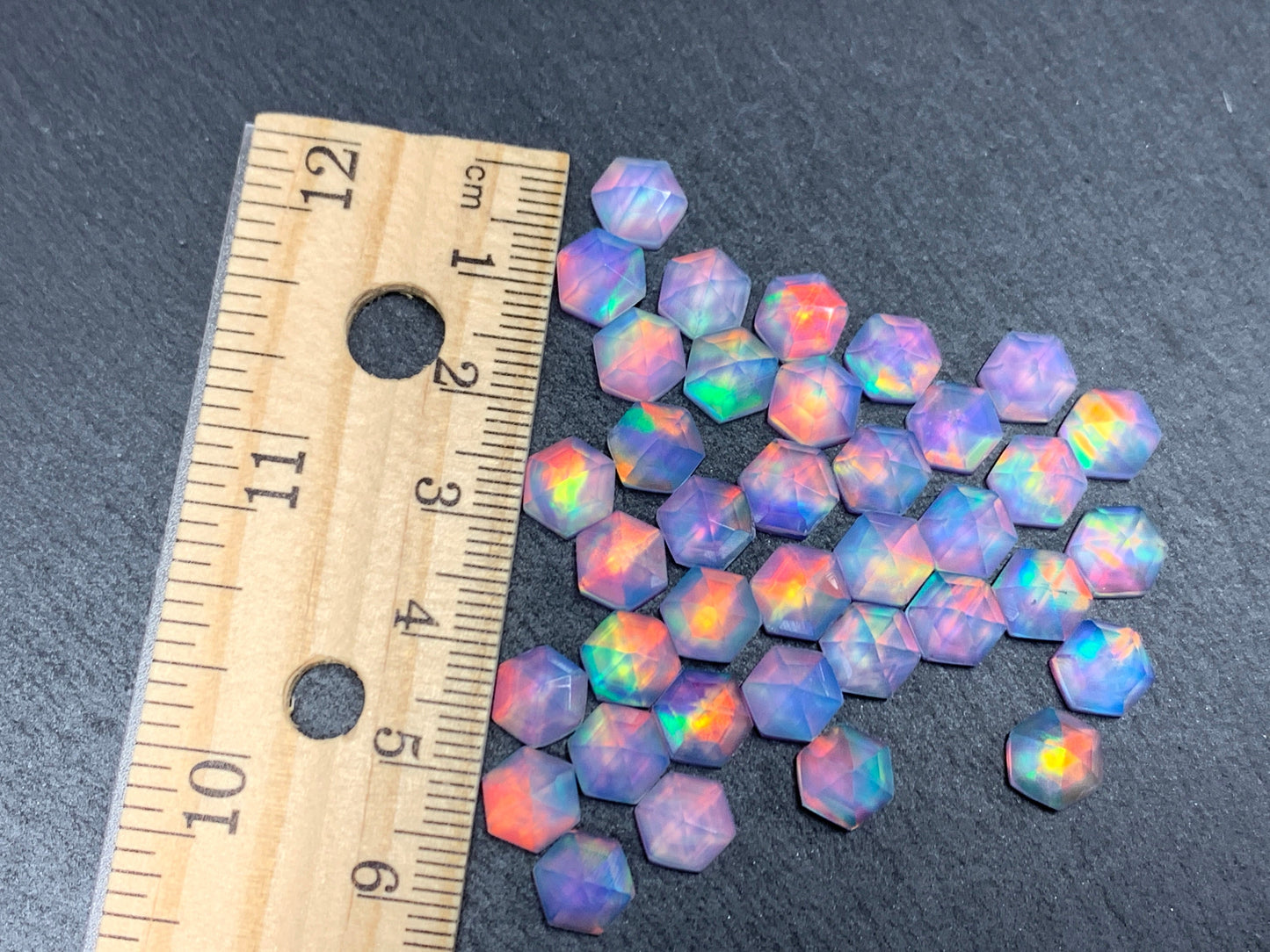 Faceted Aurora Opal hexagon 7mm cabochon - Doublet cabochons