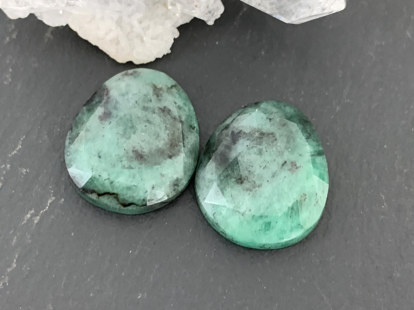 Faceted Emerald Pair 15x18x5mm cabochon