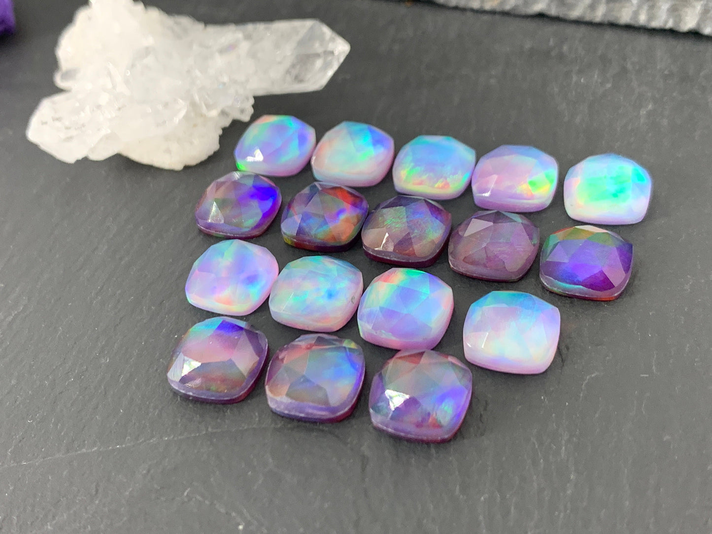 Faceted Aurora Opal square 10mm cabochon - Doublet cabochons