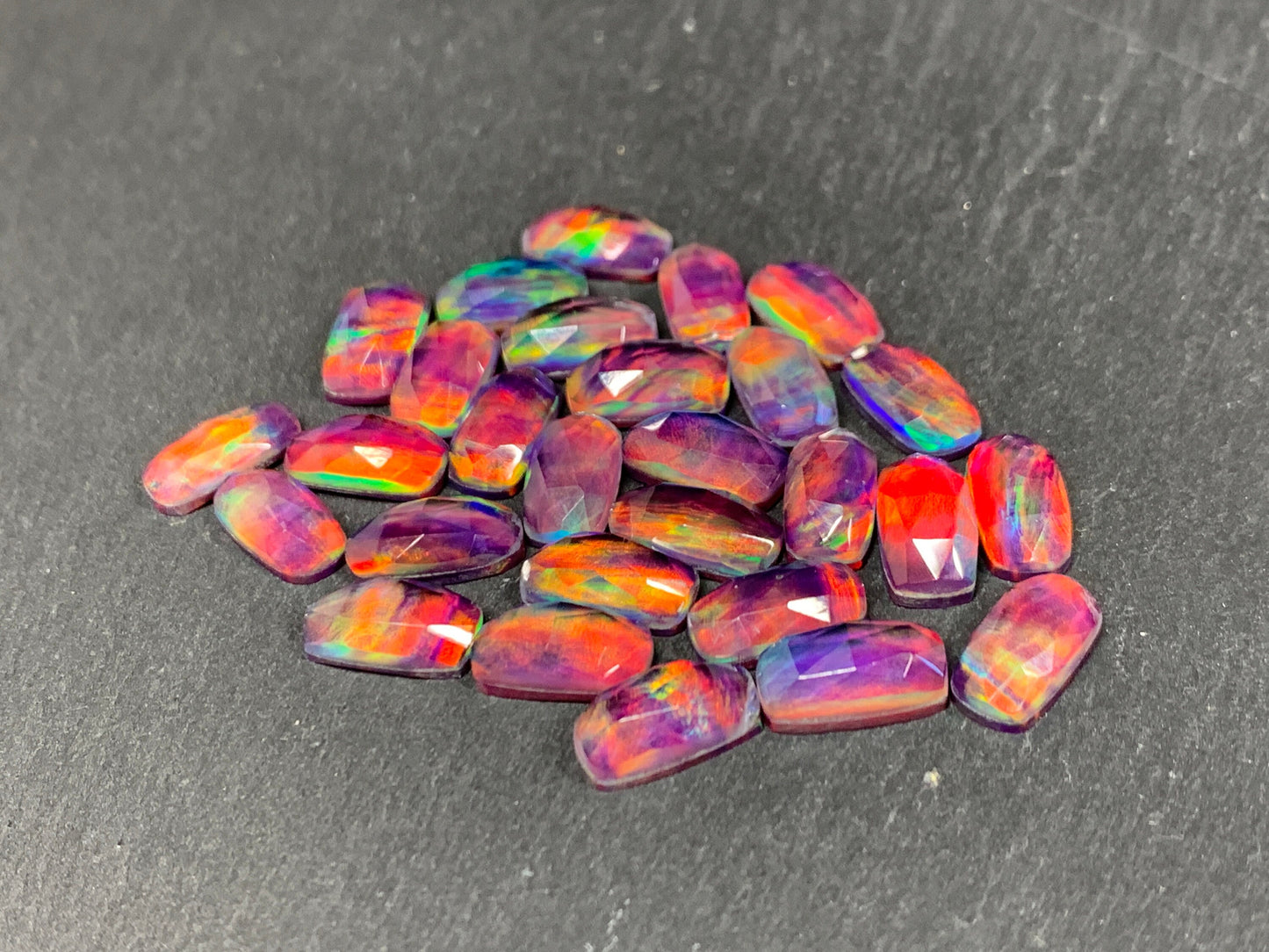 Faceted Aurora Opal rectangle cushion 6x12mm cabochon - Doublet cabochons