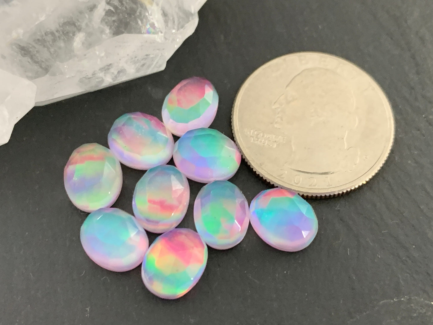 Faceted Aurora Opal oval 8x10mm cabochon - Doublet cabochons