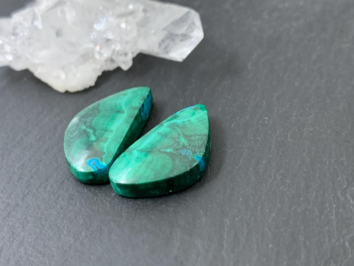 Malachite Chrysocolla free form 11x21x4mm cabochon pair