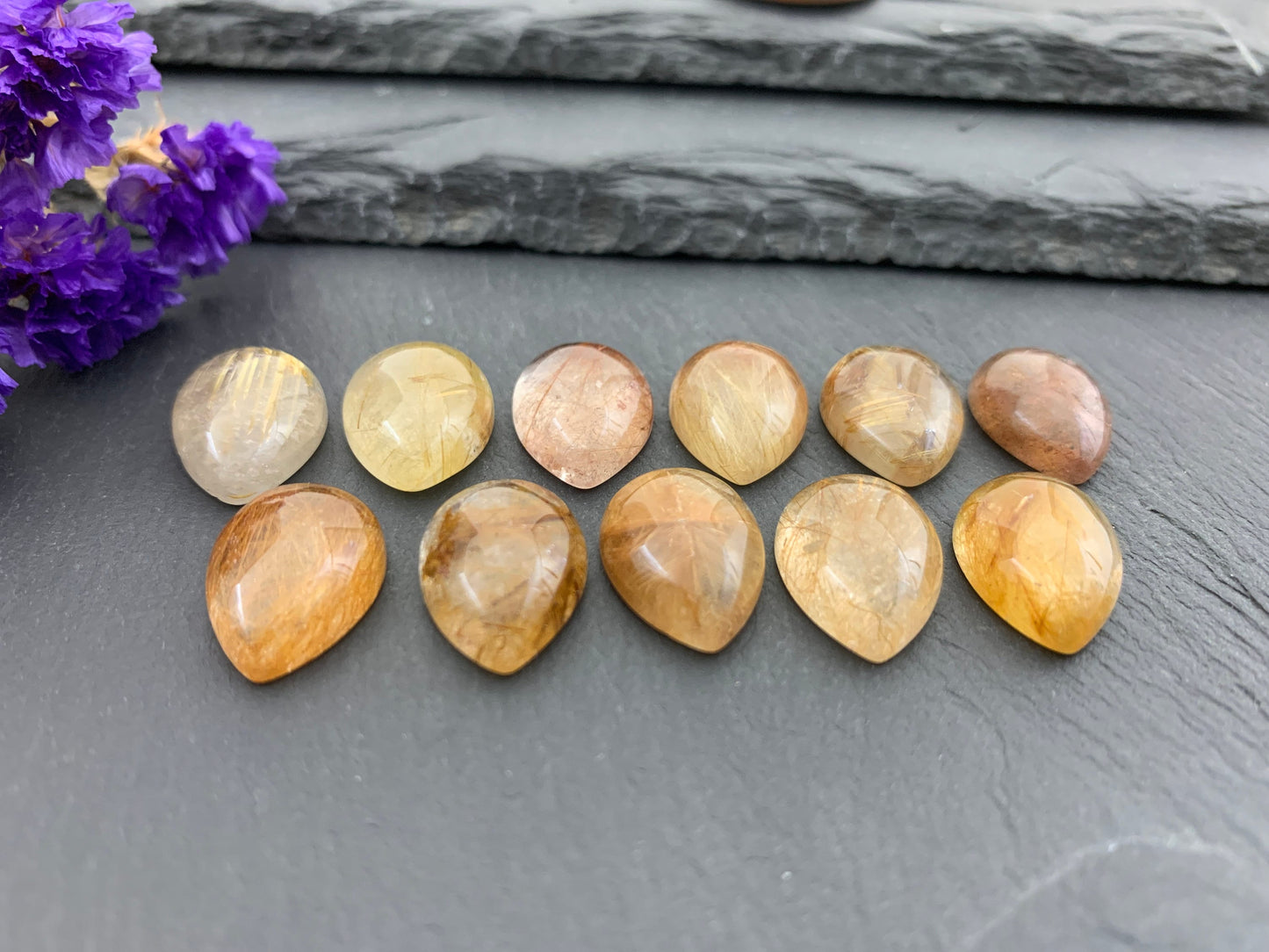 Gold Rutilated Quartz Pear 12x16mm cabochon - Calibrated cabochons